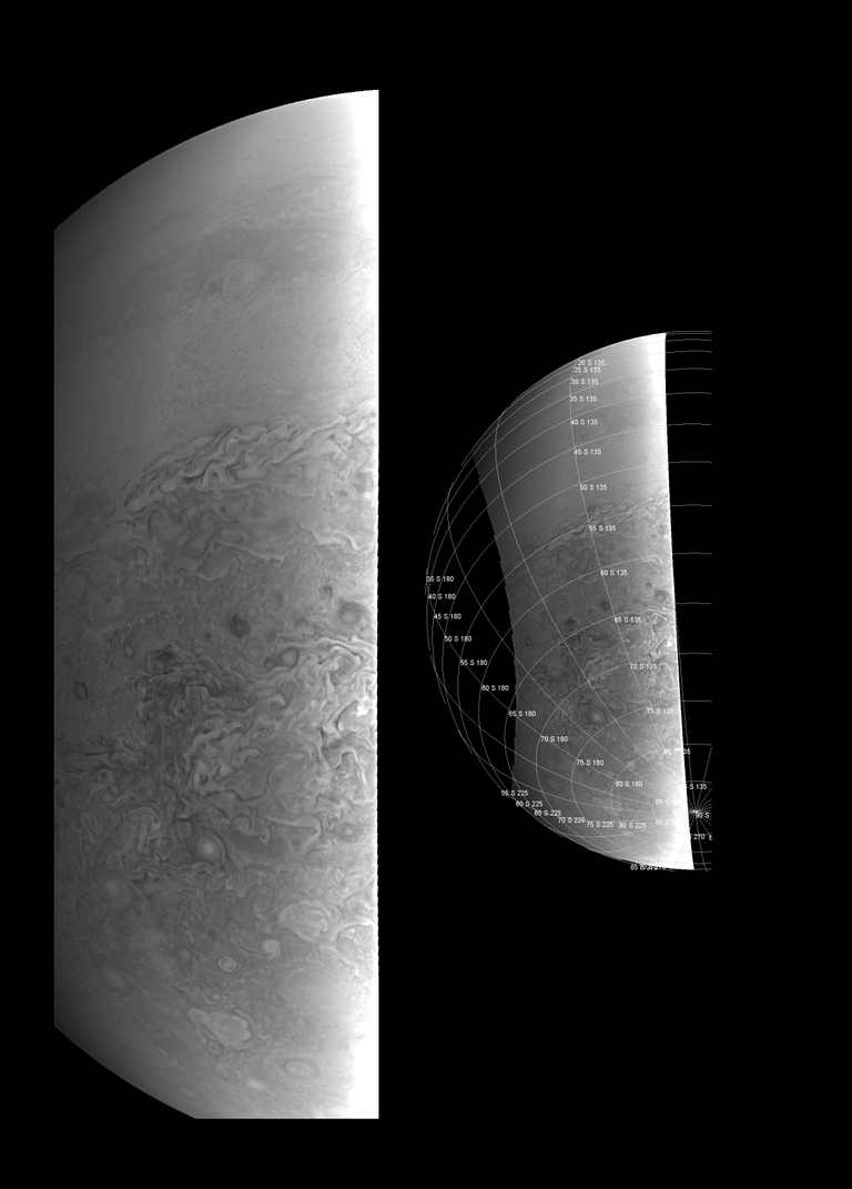 Selle pildi Jupiteri lõunapoolusest tabas Juno planeedi pilvkattest umbes 38 000 kilomeetri kõrguselt.