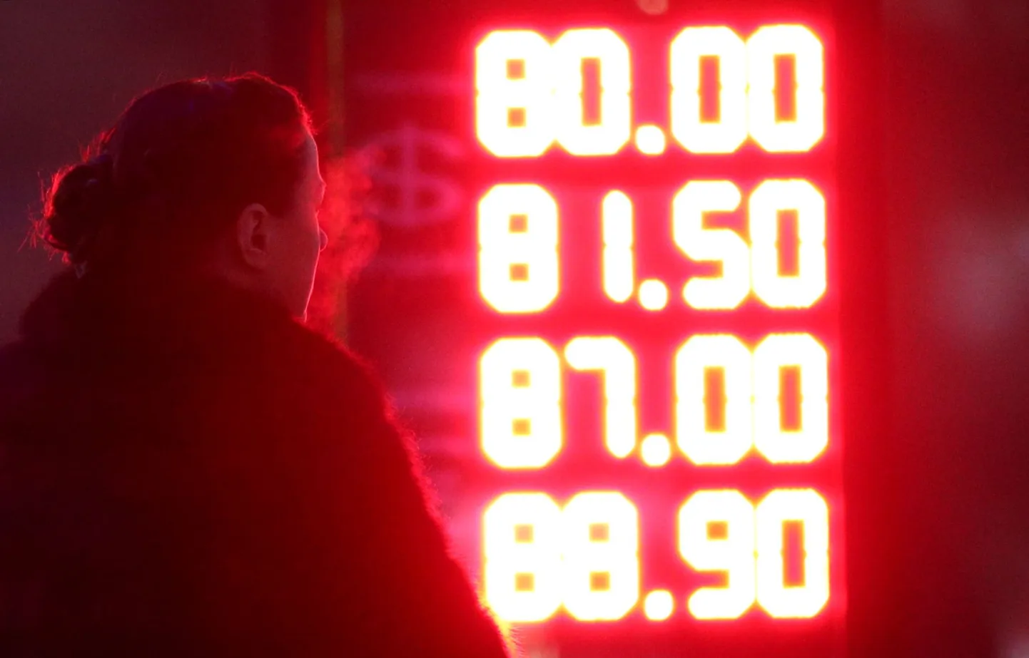 Rubla vahetuskursid Moskva valuutavahetuses eile, enne rubla kukkumist alla taseme 84 rubla dollari eest.