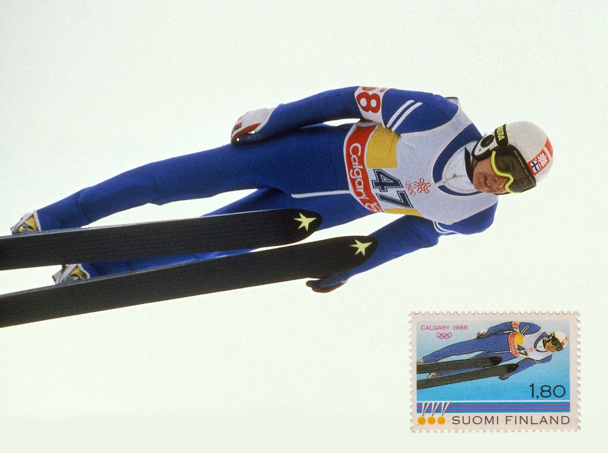 Calgary olümpiamängudel 1988. a võitis Matti Nykänen korraga kolm kuldmedalit, seejärel otsustas Soome Post 24-aastase mägikotka postmargile jäädvustada.