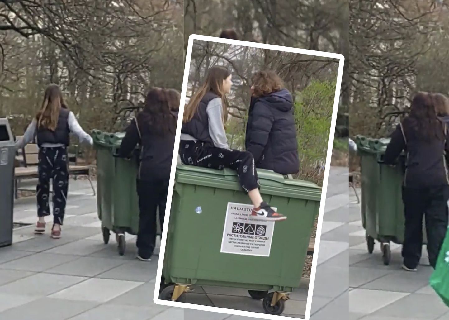 Подростки развлекаются на мусорном баке в центре Таллинна