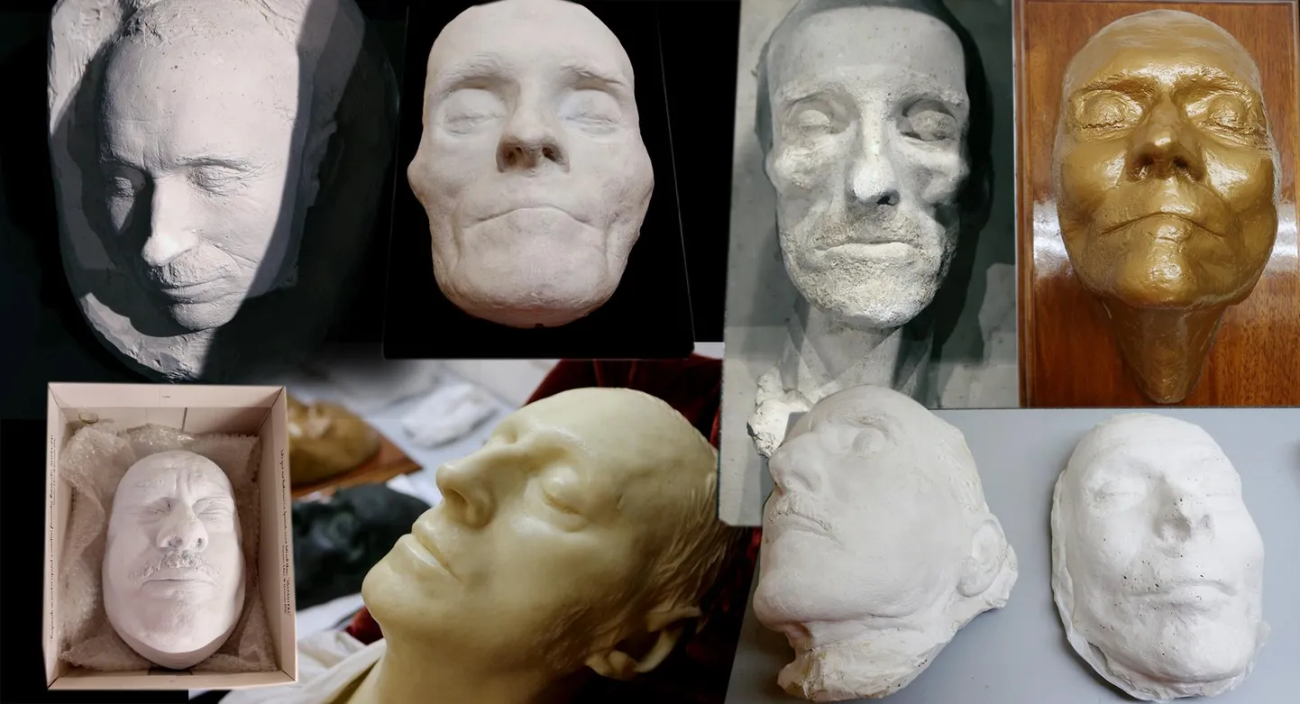 Näitusel on ka Anton Hansen Tammsaare (üleval vasakult), Eduard Viiralti, Konrad Mägi, Ernst Öpiku, Kalju Komissarovi, Friedemann Göbeli ning Gustav ja Aino Suitsu surimask.