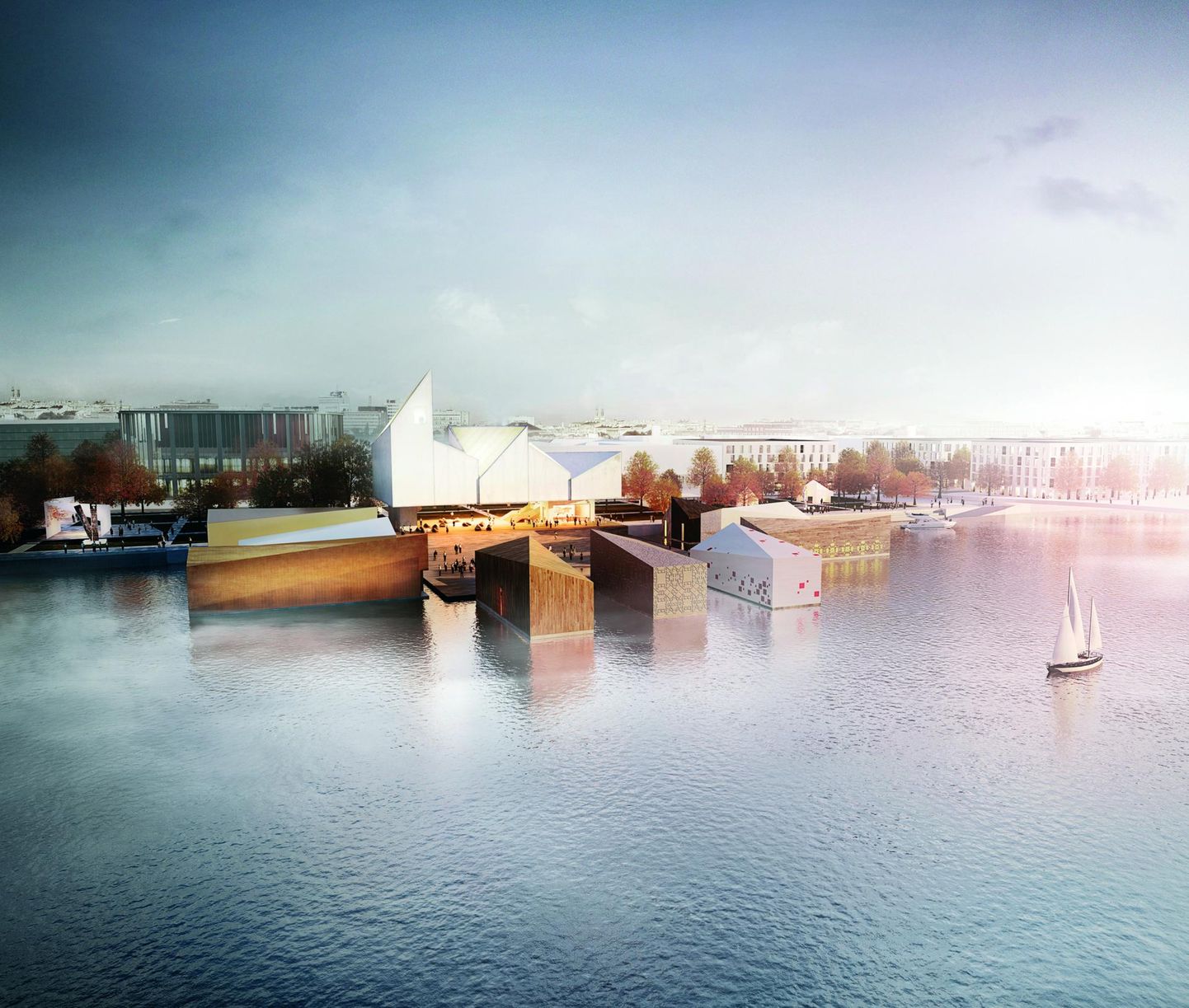 Läänemere kunstisadama 3D-projektsioon Pärnu jõe vasakkaldal.