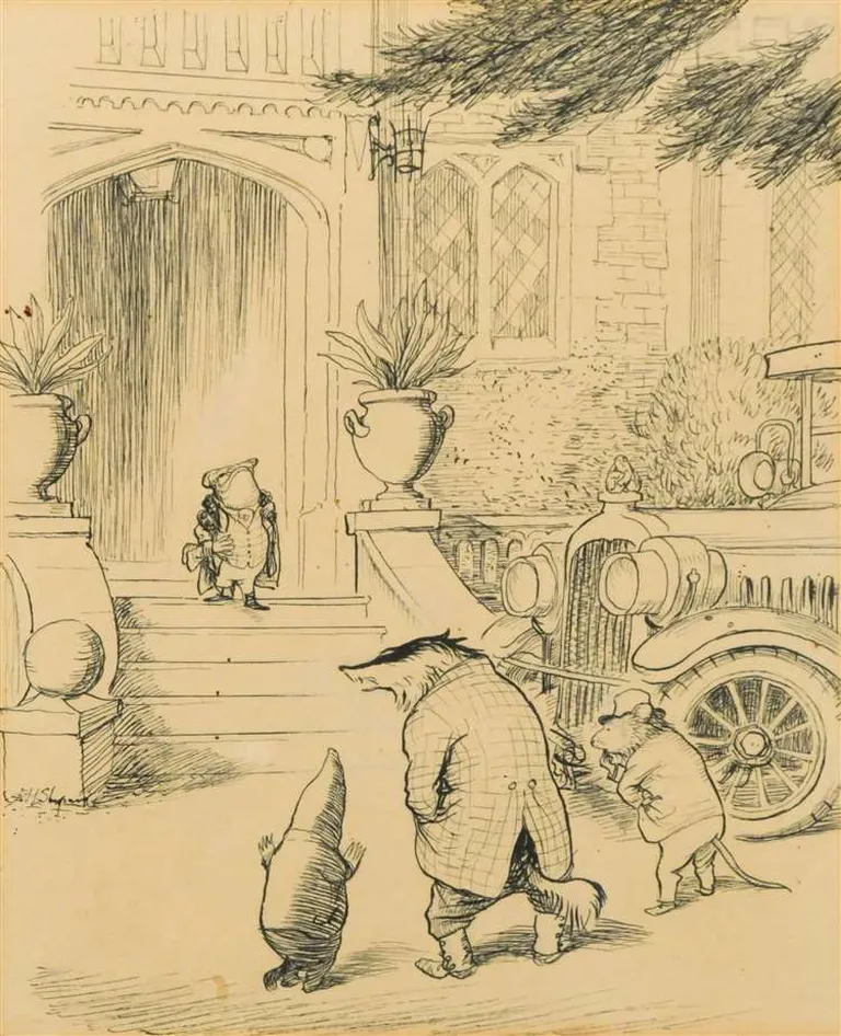 Grafiķa Ernesta Hovarda Šeparda zīmētā ilustrācija grāmatas "Vējš vītolos" 1931. gada izdevumam. Šepards ilustrēja arī Alana Aleksandra Milna grāmatu "Vinnijs Pūks un viņa draugi".