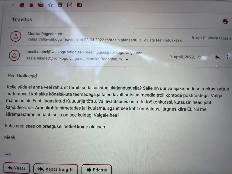 Meeli Tuubeli kiri Valga volikogule.