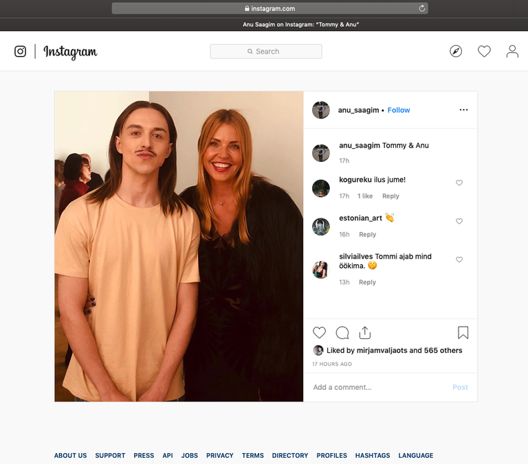 Kuvatõmmis Anu Saagimi Instagrami kontost: Silvia Ilves kommenteeris, et Tommy Cash ajab teda öökima.