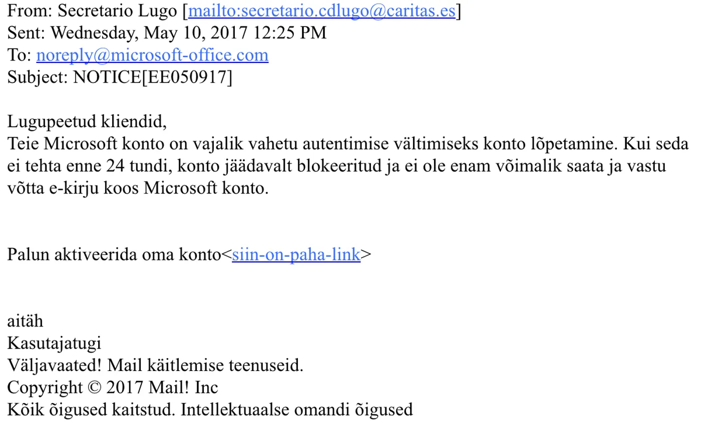 Microsoftile viitav õngitsuskiri.