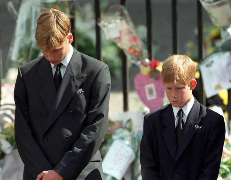 Prints William (vasakul) ja prints Harry oma ema, printsess Diana matusel
