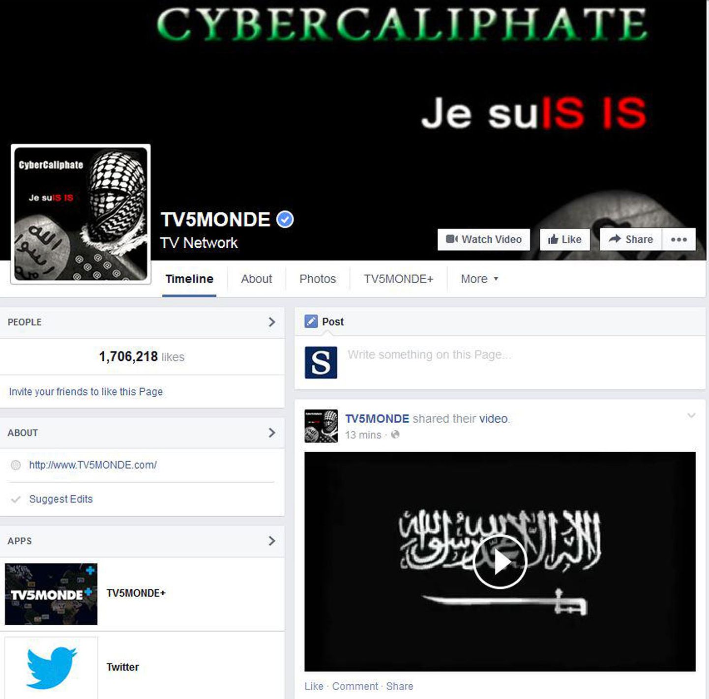 ISISe toetajate rünnaku ohvriks langenud TV5 Monde Facebooki lehekülg 9. aprillil.