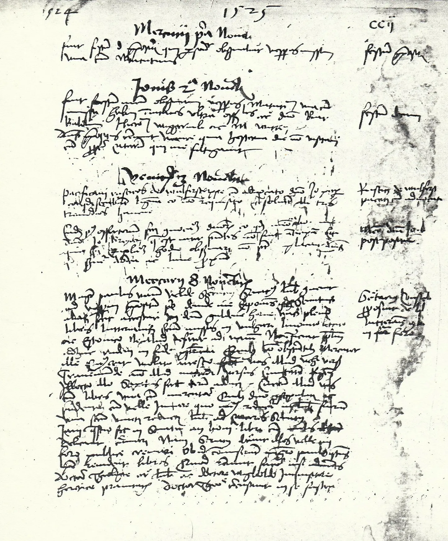 Lehekülg Lübecki toomdekaani Johannes Brandesi peetud toomkapiitli protokolliraamatusse 8. novembri 1525 sisse kantud teatega muu hulgas eestikeelse missaraamatu arestimisest.