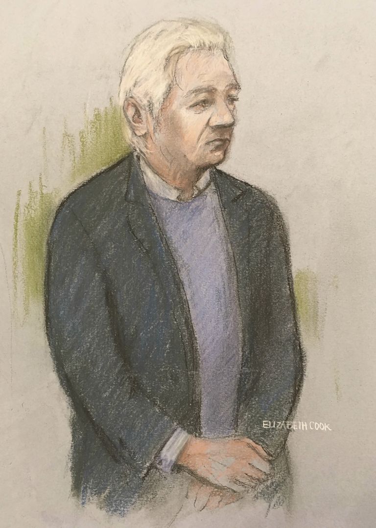 Kohtukunstniku Elizabeth Cooki joonistus Julian Assange'ist 21. oktoobril Londoni Westminsteri kohtus