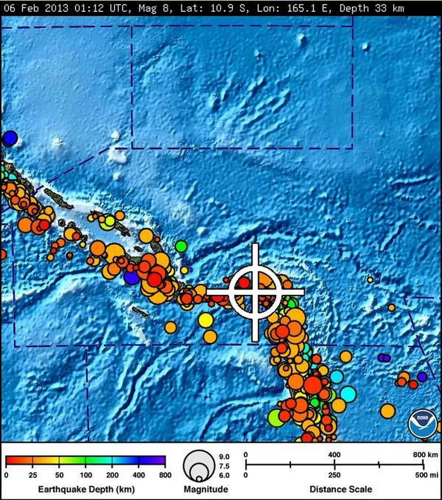 Vaikse ookeani tsunamihoiatuskeskuse väljastatud kaardil on tähistatud piirkond, mida tsunami võib ohustada.