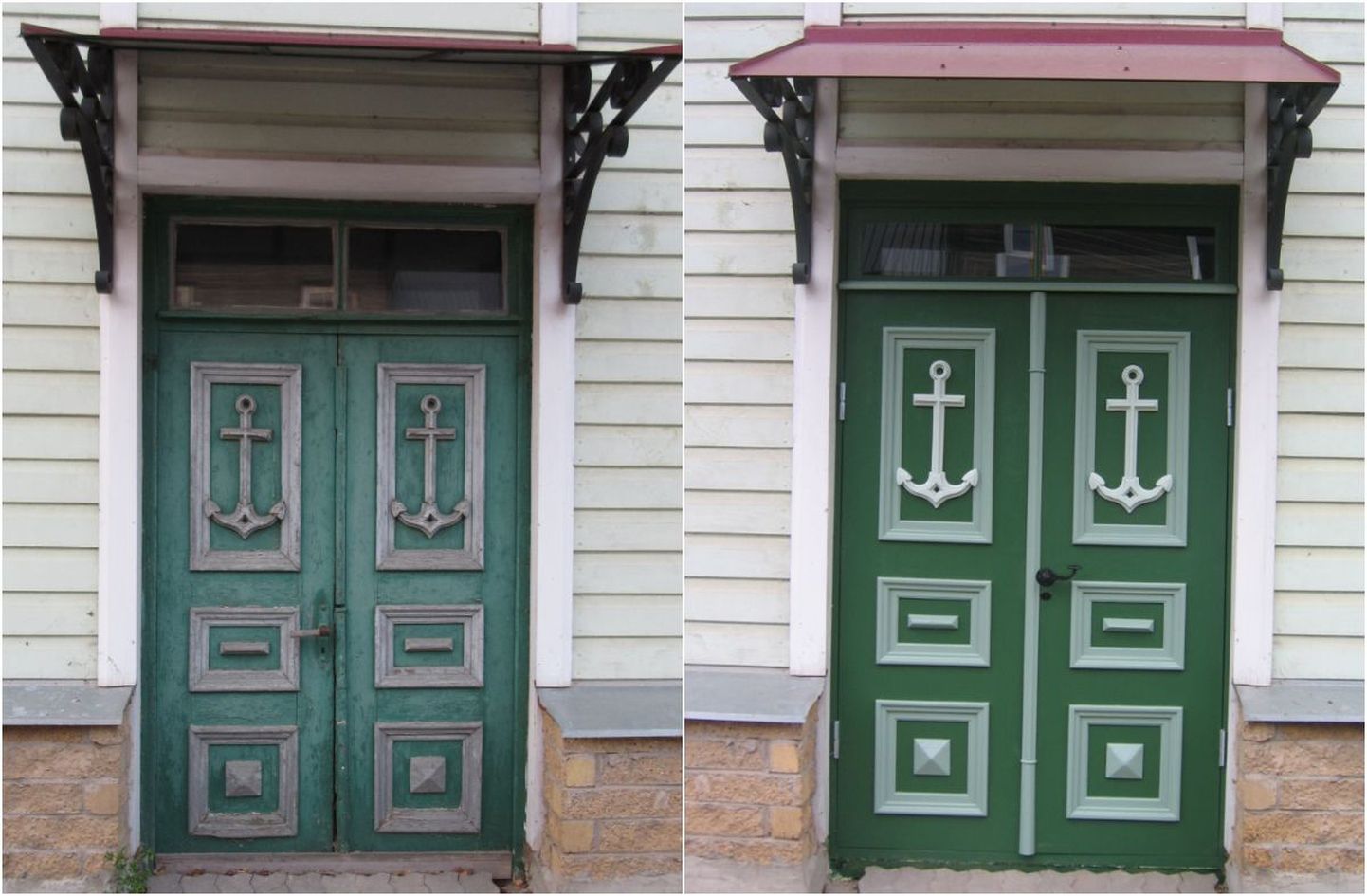 Peetri 9 maja uks enne ja pärast restaureerimist.