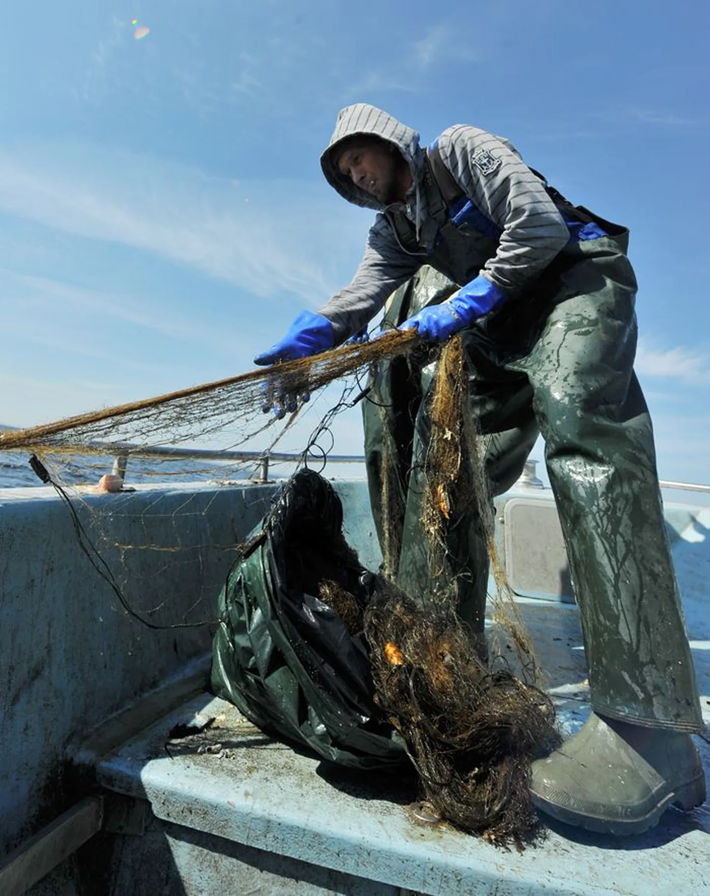 Keskkonnainspektoritele appi tulnud Peipsi kalur Andrei Ivanov tõmbab välja nakkevõrku, kuhu on jäänud palju valdavalt looduslikku sodi.