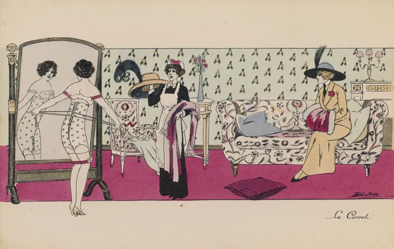 Naine nöörimas buduaaris korsetti, aasta 1910