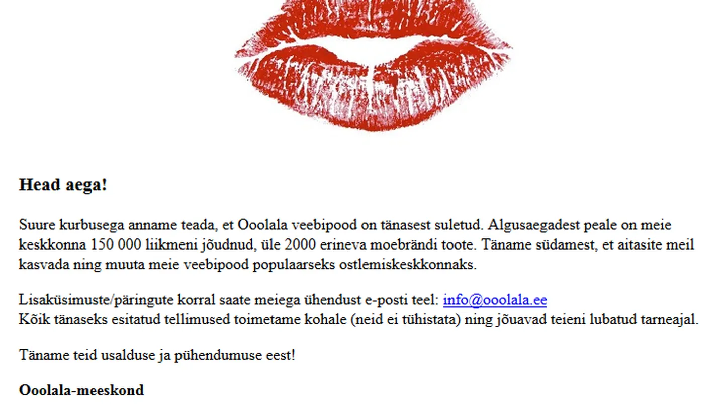 Ooolala teatas veebipoe sulgemisest kodulehel.