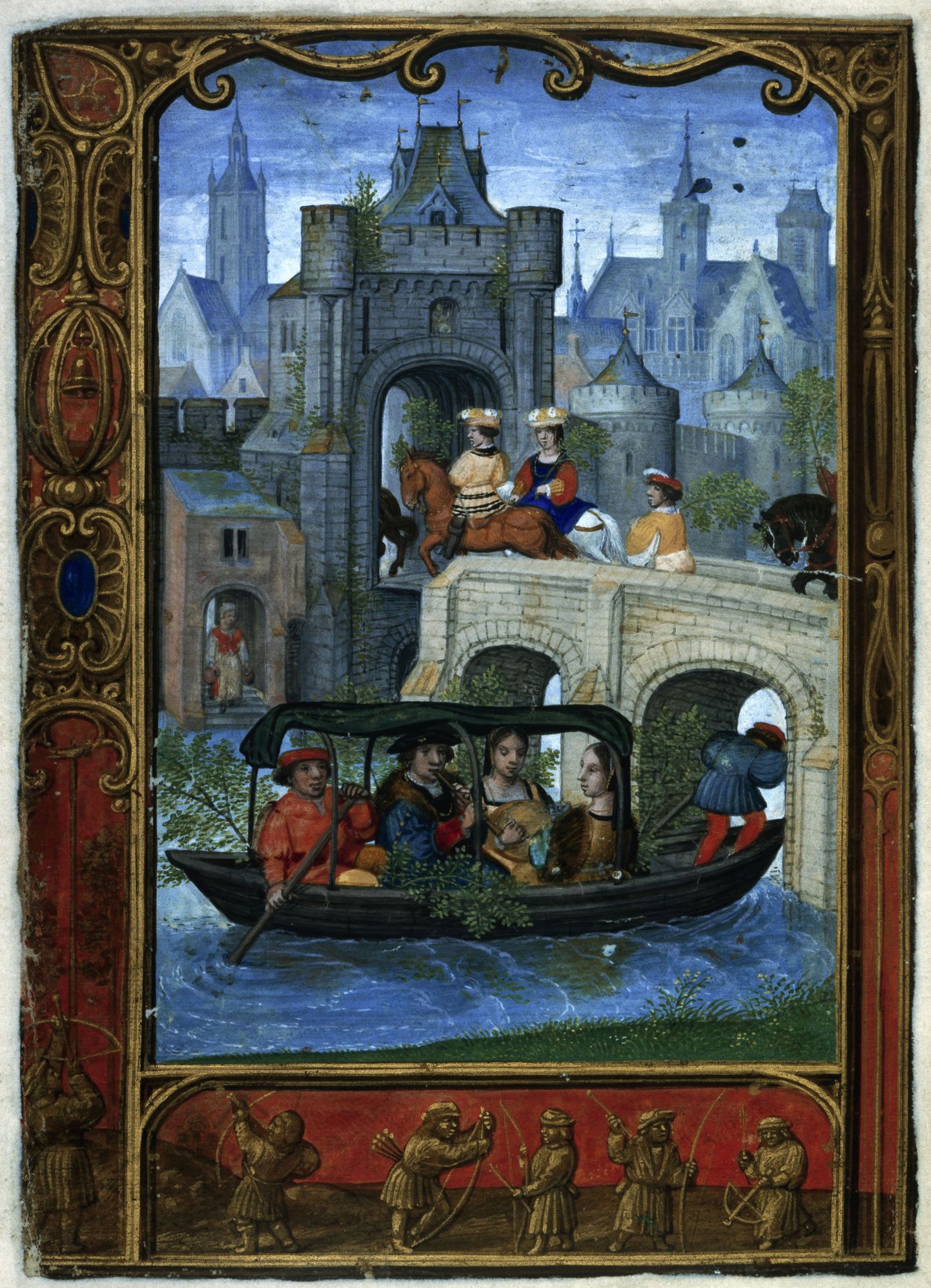 Paadipidu muusikaga Brugge silla all. Maikuu illustratsioon 1520. aasta lastekalendrist, Simon Beningi töötoast.