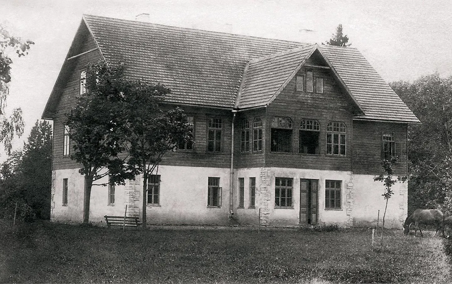 Piiumetsa mõisa tagafassaad. Hoone esimene korrus on kivist ja teine puidust. Enne maareformi oli mõisa peremees parun Georg Rausch von Traubenberg. 1932