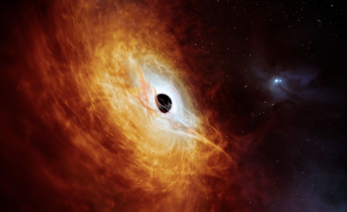 Kunstniku kujutis kaugest galaktikast, mille keskel olev must auk neelab terve Päikese jagu ainet päevas.
