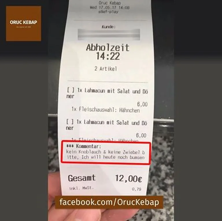 Sakslase döner kebabi arve, millele on märgitud, et ta ei soovi sibulat ega küüslauku, kuna tahab seksida