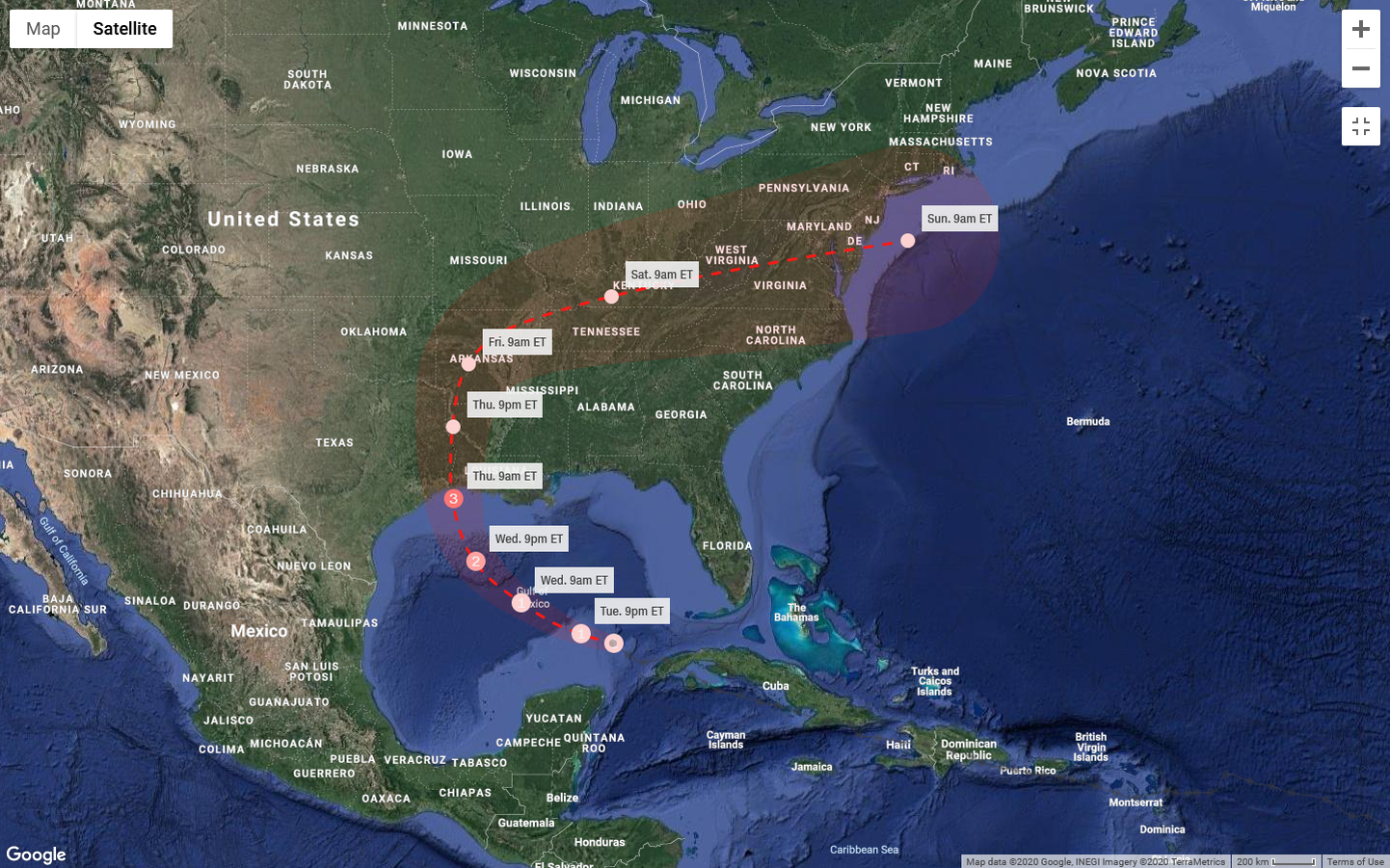 Troopilise tormi Laura prognoositud teekond Kuubalt üle Mehhiko lahe USA rannikule