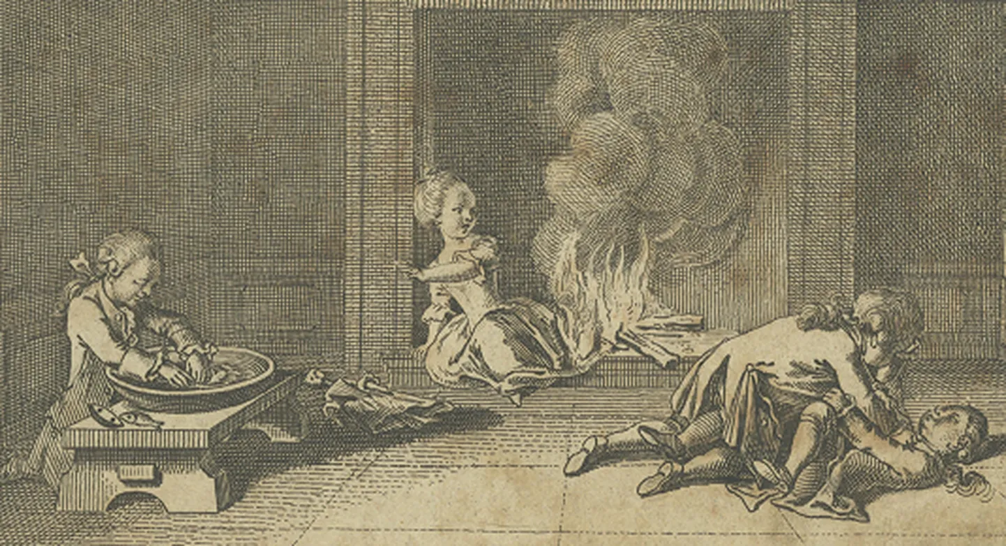 Fragment vasegravüürist J. Basedowi 9-köitelisele kasvatusalasele teosele «Elementarwewrk». Dessau 1774. TLM 5750 G 626.