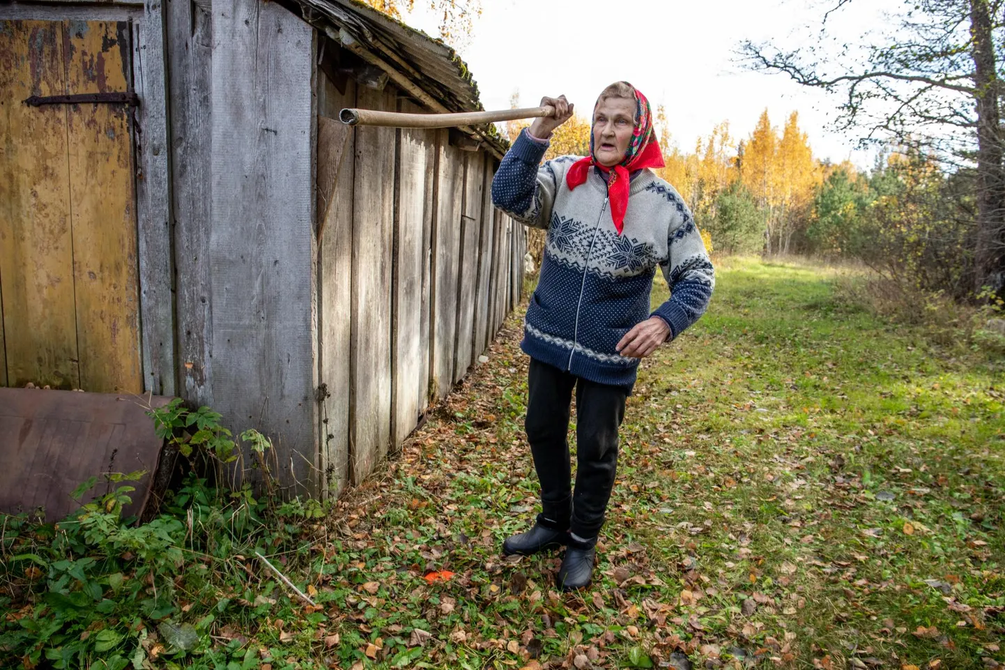 Aime Siitan näitab, et tema ja riigimaa uus piir hakkab jooksma otse puukuuri tagant. Perenaise parema jala juures on oranž märgis juba maas.