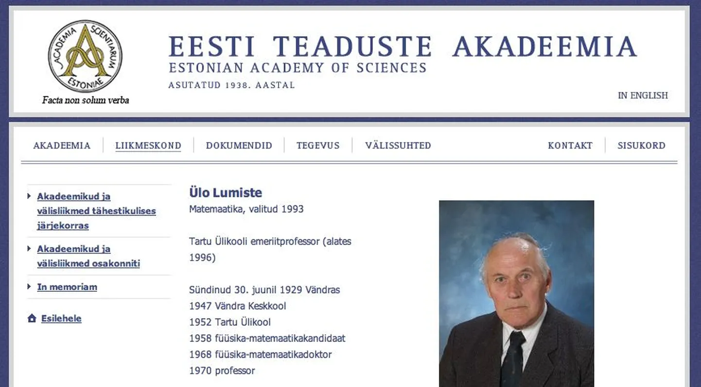 Fragment Eesti Teaduste Akadeemia kodulehest.
