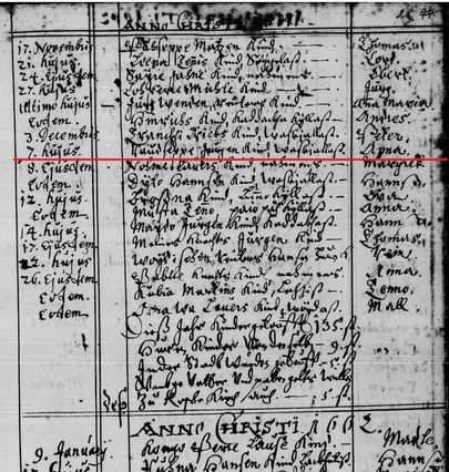 Sissekanne Jüri koguduse sünnimeetrikas 7. detsembril 1661. aastal Vaskjala külas Raudsepa Jürgeni lapse Anna kohta. EAA.1213.2.1, l. 23