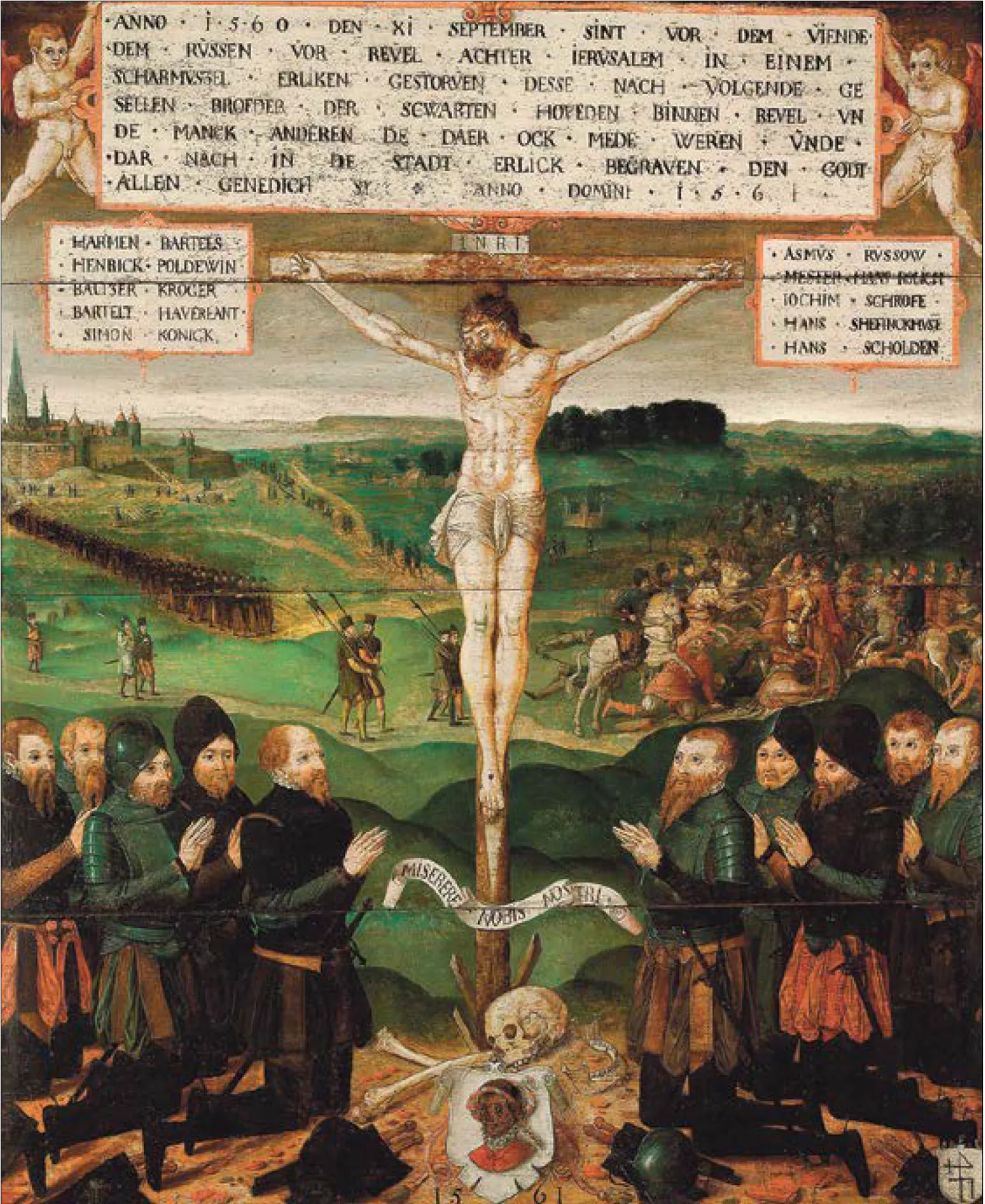 Nn „Mustpeade epitaaf” aastast 1561, mille esiplaanil on kümme Jeruusalemma mäe lahingus hukkunud Mustpeade vennaskonna liiget ja taamal vanim teadaolev Tallinna vaade. Teose autoriks peetakse Lambert Glandorpi.
