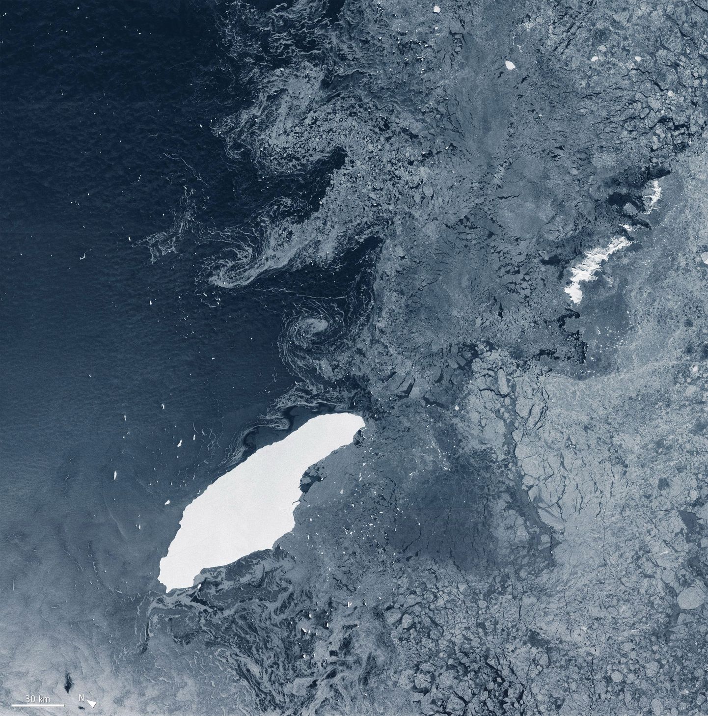 Euroopa kosmoseagentuuri (ESA) foto maailma suurimast jäämäest A-68 (valge) Atlandi ookeani lõunaosas