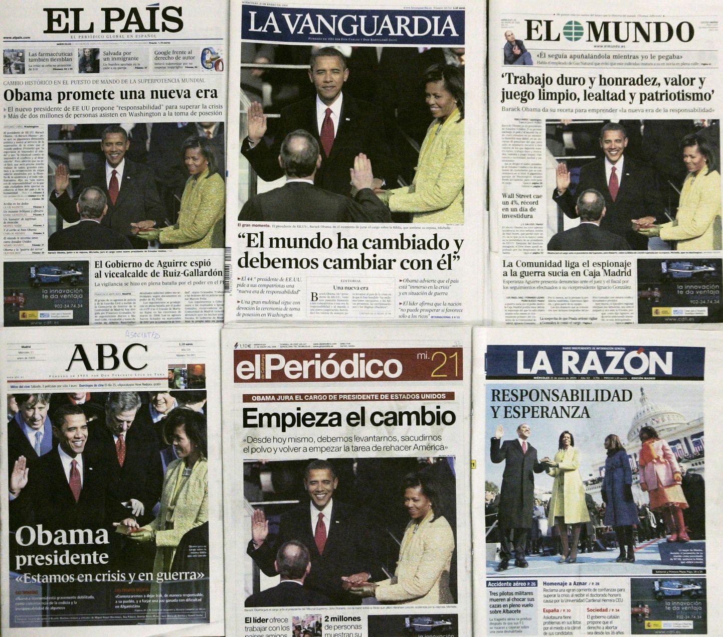 Hispaania ajalehtede esiküljed uue USA presidendi Barack Obama ametissevannutamisest.