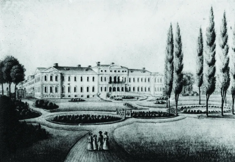 Rundāles pils parks ap 1820. gadu. Frīdriha Krauzes litogrāfija pēc Frīdriha Baha zīmējuma. Senākais pils attēlojums.