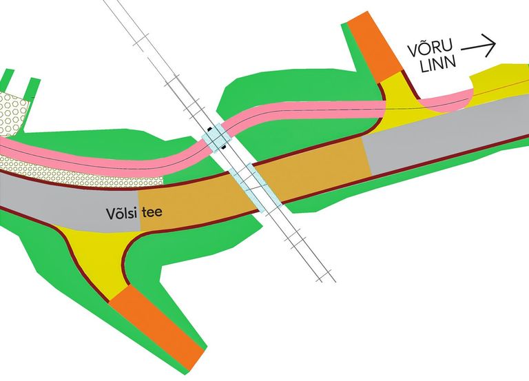 Tulevase Võlsi kergtee (roosaga) ristumiskoht raudteega. Halli ja pruuniga on tähistatud asfalttee, helesinisega raudtee ületamise koht.