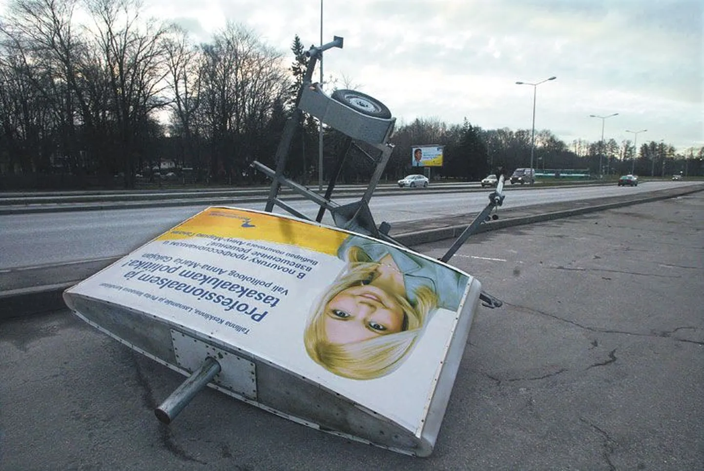 Reformierakonna nimekirjas kandideerinud Anna-Maria Galojani reklaam, mille tuul pikali lükkas.