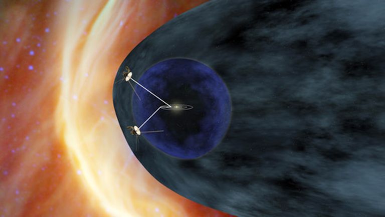 Grafiski atainota Voyager 1 un Voyager 2 aptuvenā atrašanās vieta Visumā - uz starpzvaigžņu telpas robežas, kur saduras Saules vēji un lādēto daļiņu plūsmas no supernovu sprādzieniem