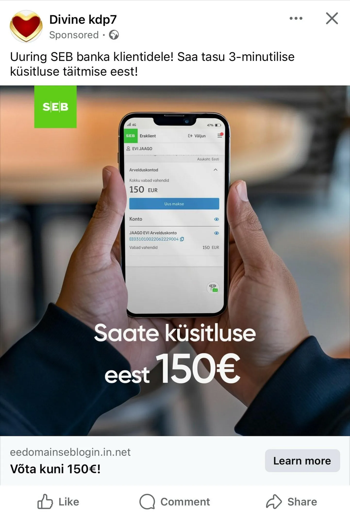 SEB panga nimel levib sotsiaalmeedias pettuslik küsitlus.