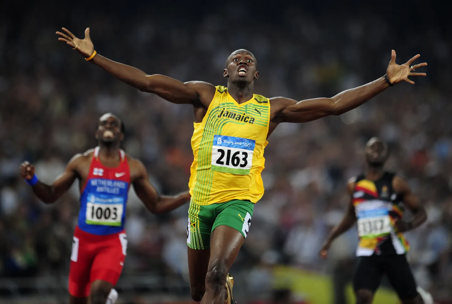 Usain Bolt 2008. aasta olümpiamängudel, kus ta võitis nii 100 kui ka 200 meetri sprindi kuldmedali.