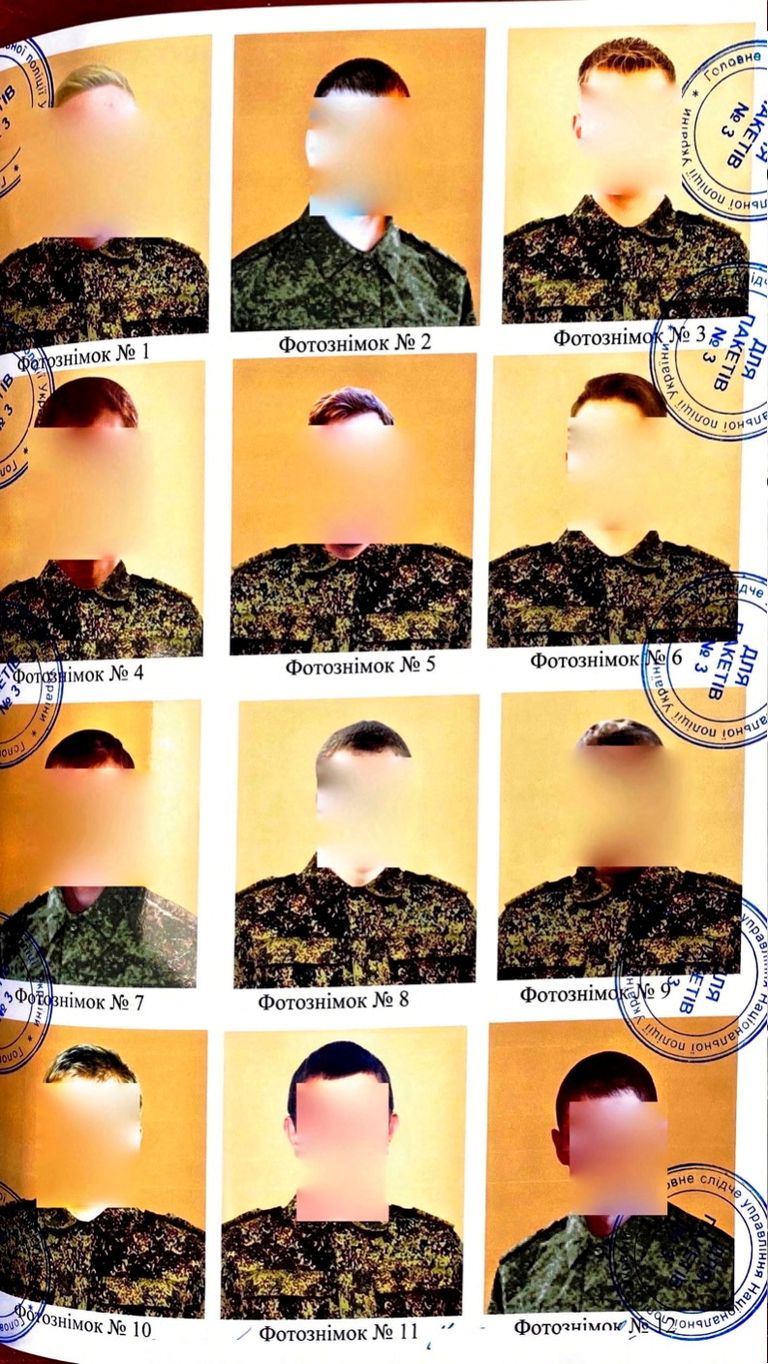 Фотография документов Генпрокуратуры Украины с указанием двенадцати российских солдат, подозреваемых в сексуальном насилии в Броварском районе на окраине Киева в марте 2022 года.
