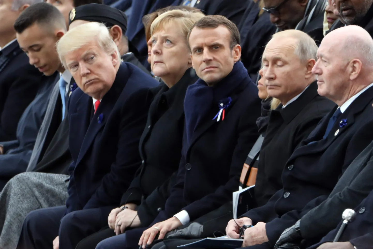 USA president Donald Trump, Saksa kantsler Angela Merkel, Prantsuse president Emmanuel Macron ja Vene diktaator Vladimir Putin I maailmasõjale lõpu teinud rahuleppe 100. aastapäeva tseremoonial Pariisis 11. novembril 2018. aastal.