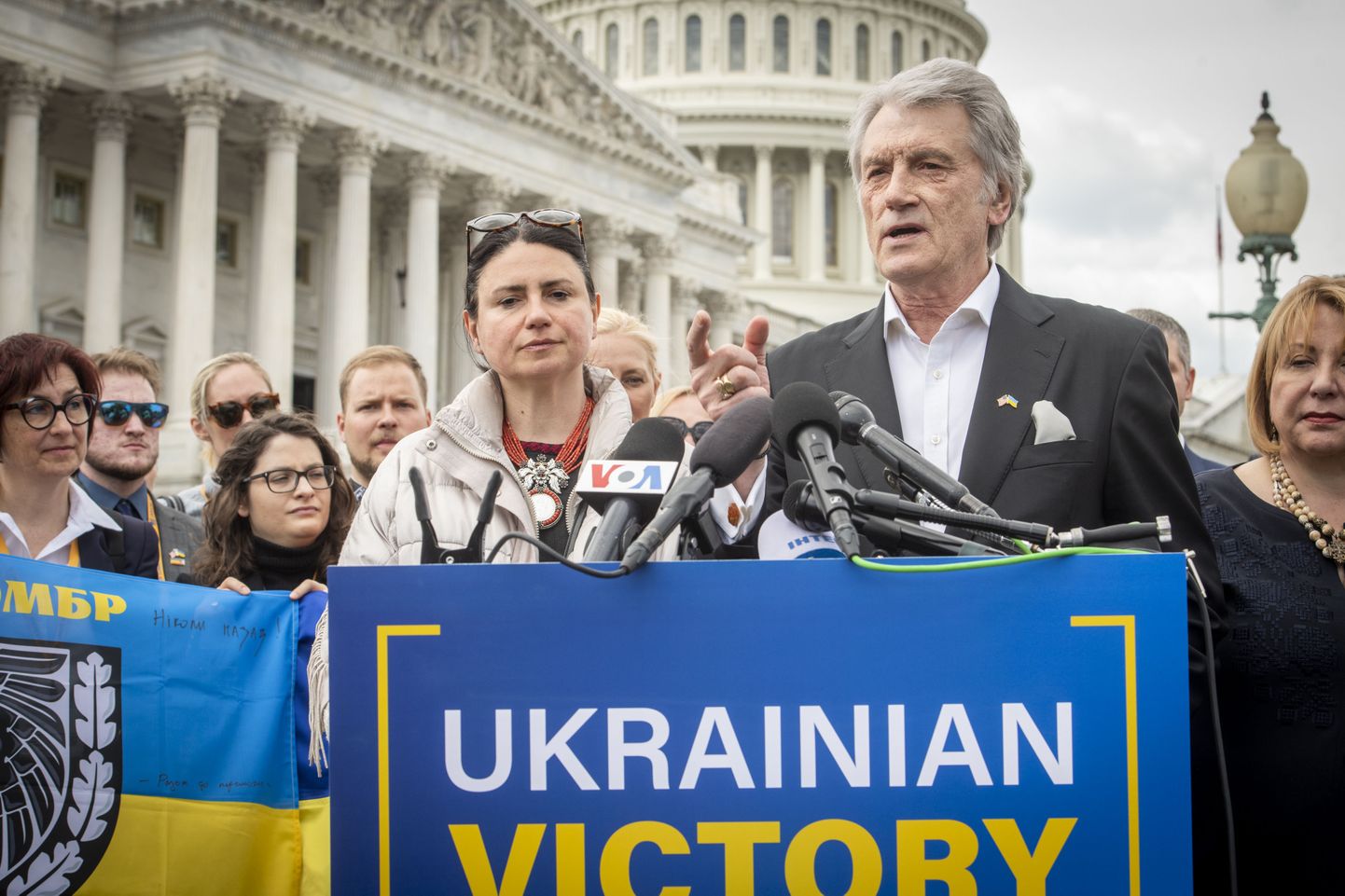 Бывший президент Украины Виктор Ющенко на пресс-конференции в Вашинтоне. 25 апреля 2023 года.