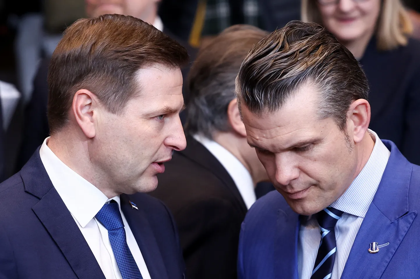 Estonian Defense Minister Hanno Pevkur and U.S. Defense Secretary Pete Hegseth at  meeting of the North Atlantic Council during a NATO Defence Ministers meeting at the Alliance's headquarters in Brussels, Belgium February 13, 2025.