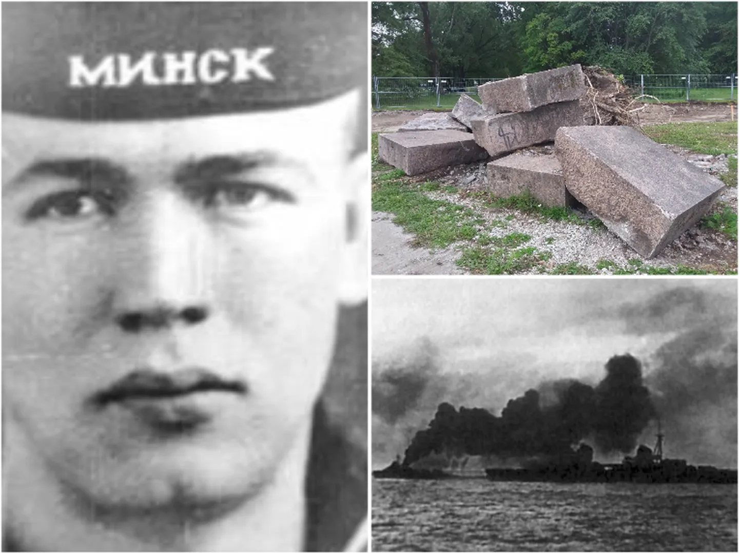 Vasakul: foto Jevgeni Nikonovist (allikas: Wikimedia Commons / relga.ru); paremal üleval: Nikonovile pühendatud mälestussamba riismed Tallinnas mere ääres (foto: Rivo Reintam); paremal all: ristleja Kirov Tallinna lähedal 1941. aastal evakuatsiooni ajal (allikas: Wikimedia Commons / world-war.ru).
