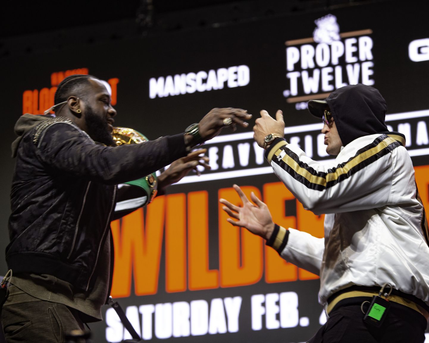 February 19, 2020, Las Vegas, Nevada, USA: Heavyweight boxers Deontay Wilder and Tyson Fury trade insults and shoves during a press conference at the MGM Grand promoting their upcoming bout. (Credit Image: © Larry Burton/ZUMA Wire)