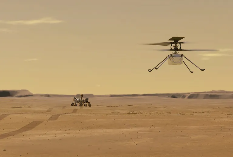 NASA joonistus Marsi-kulgurist Perseverance ja droonkopterist Ingenuity punasel planeedil
