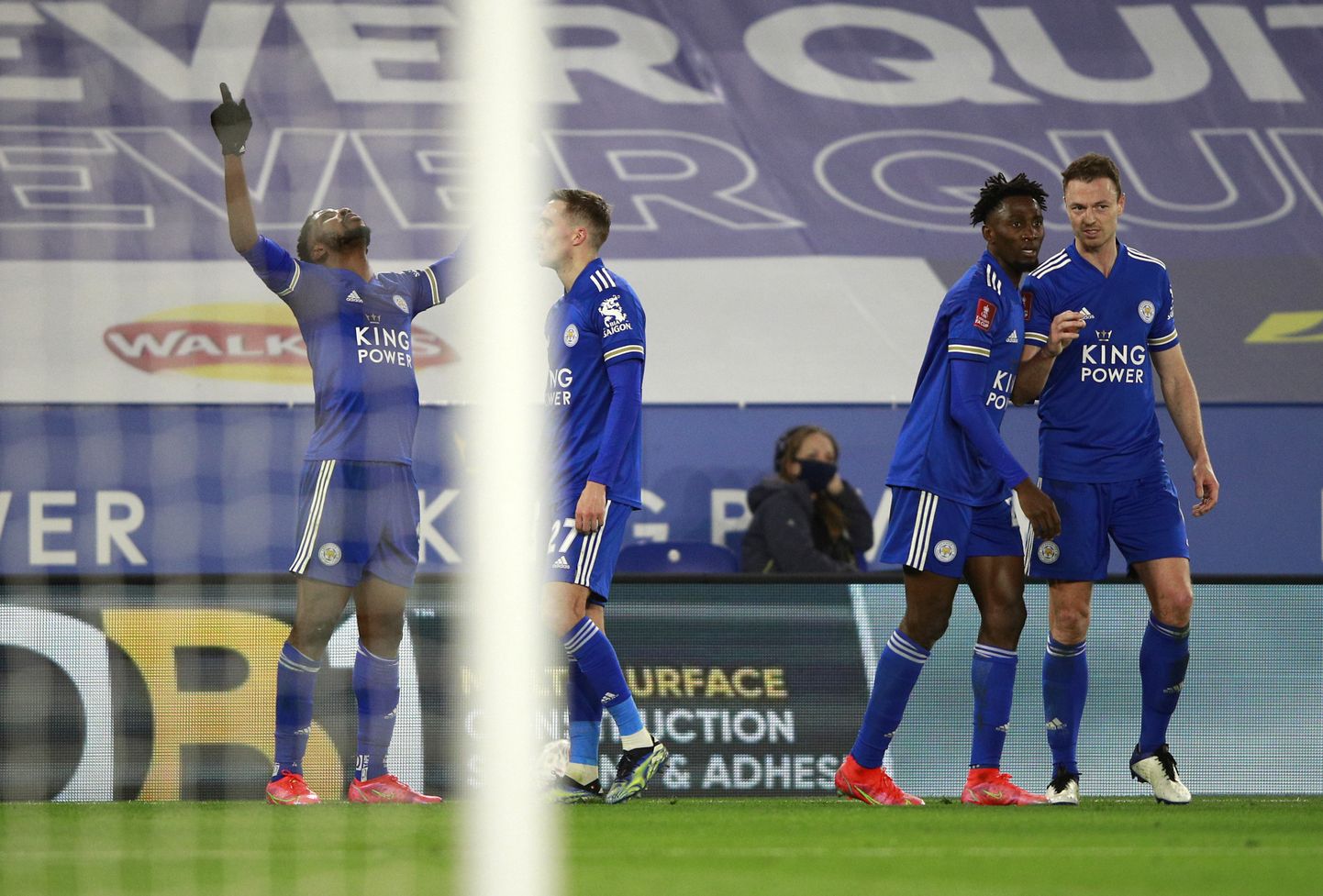 Leicester City mängijad tähistamas mängu viimast väravat.