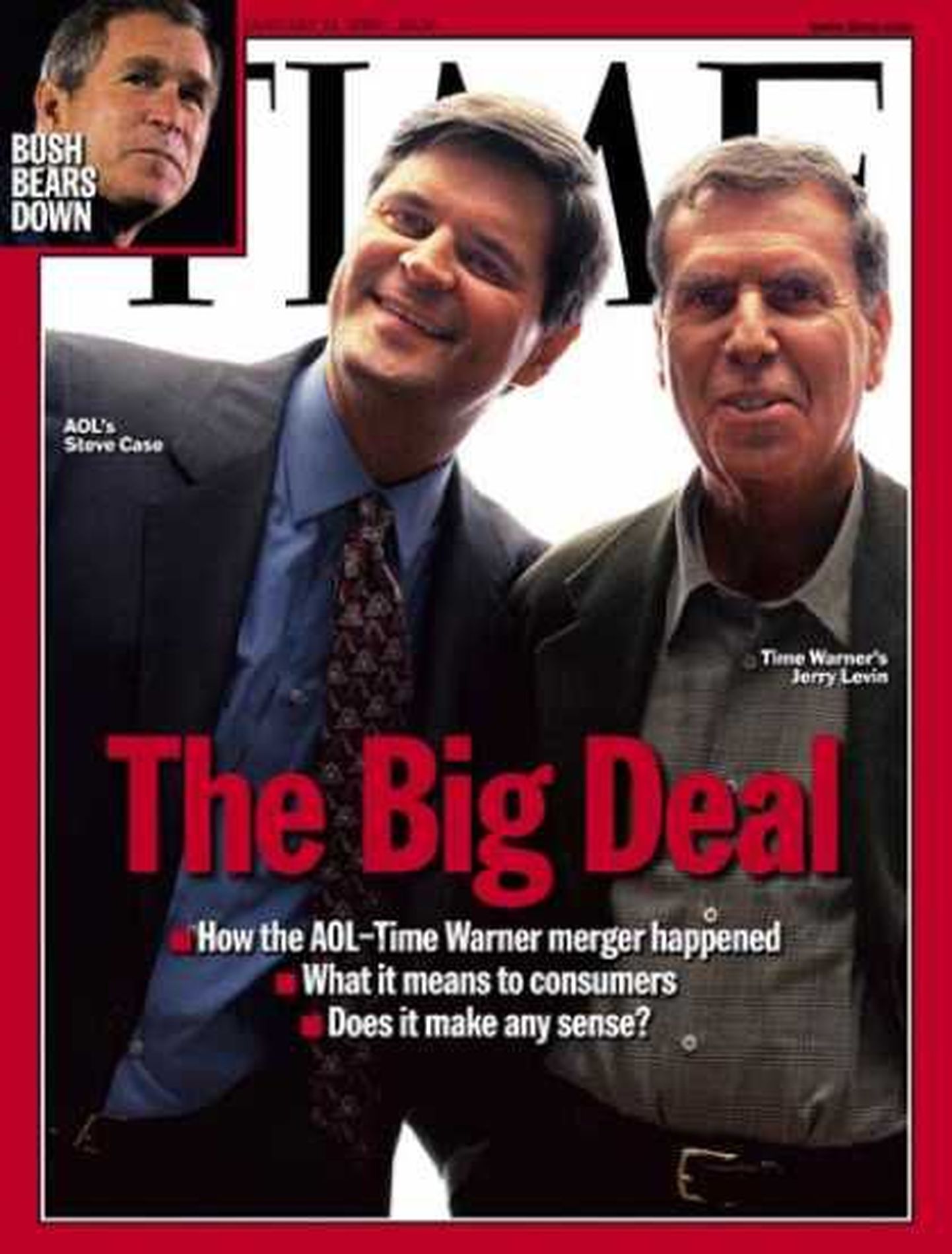 Time Warneri juht Jerry Levin (paremal) ja AOLi juht Steve Case pärast ühinemistehingu läbiviimist Time'i esikaanel.