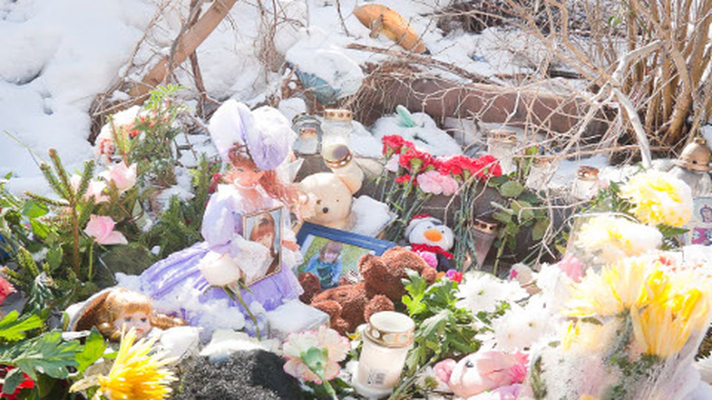 9aastane Varvara Ivanova jäi Narvas kadunuks mullu 18. märtsil. Tema alasti surnukeha leiti Narva jäähalli lähistelt 23. märtsi hommikul. Pildil kuriteopaik, kuhu leinavad inimesed tõid lilli ja mänguasju.