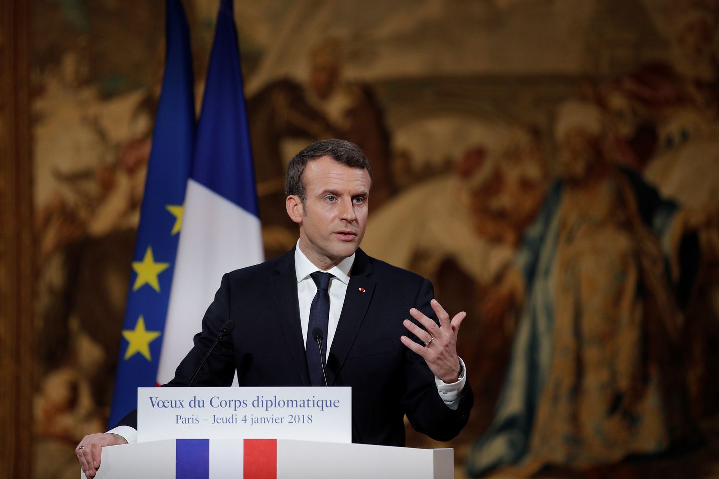 Prantsuse president Emmanuel Macron neljapäeval Prantsusmaa diplomaatilisele korpusele kõnet pidamas.