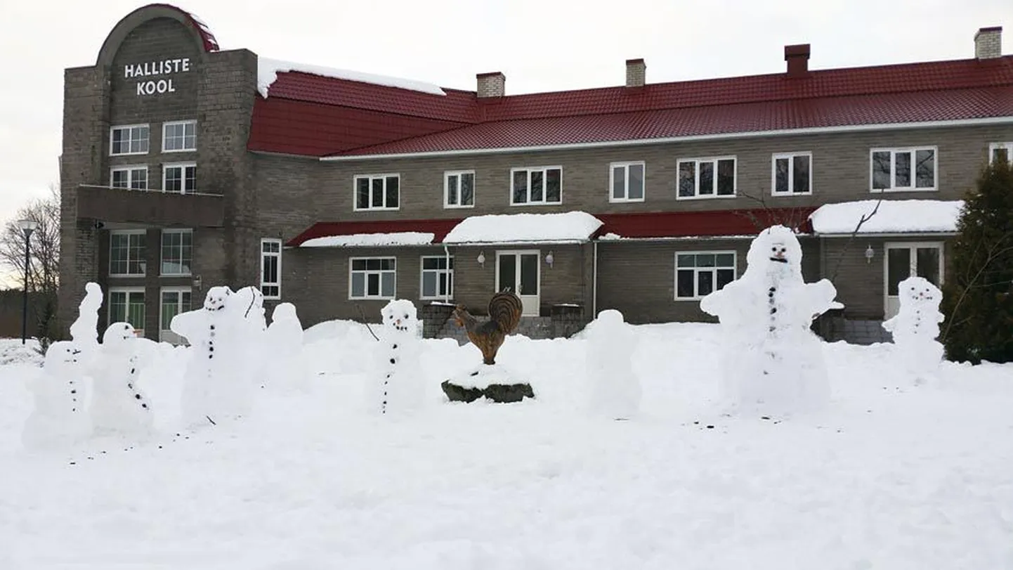 Halliste põhikooli õpilased ehitasid kehalise kasvatuse ja tööõpetuse tundide ajal koolimaja ette 18 suurt ja väikest lumememme.