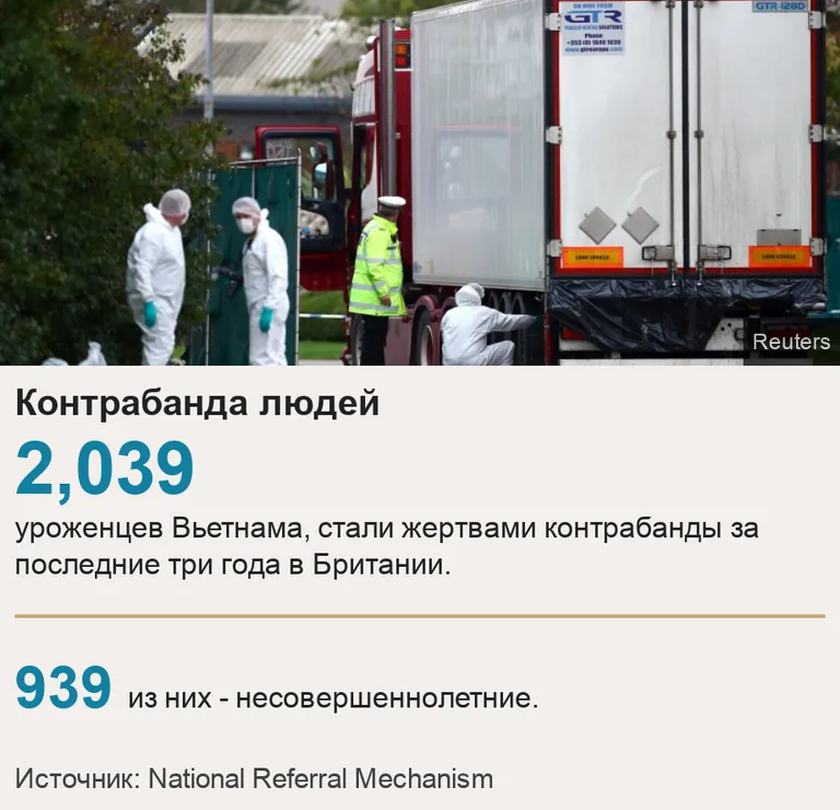 Контрабанда людей. [ 2,039 уроженцев Вьетнама, стали жертвами контрабанды за последние три года в Британии. ] [ 939 из них - несовершеннолетние. ], Source: Источник: National Referral Mechanism, Image: Forensic officers at the scene in Grays